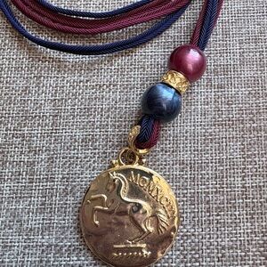 Vintage LCI Horse Coin Medallion Necklace 36” Gold Tone Cord Statement